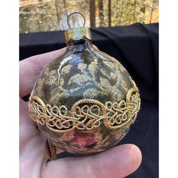 Gold Glitter Lace Trim Decorated Glass Ball Ornaments Lot 5 Vintage Christmas S1 - Picture 7 of 8